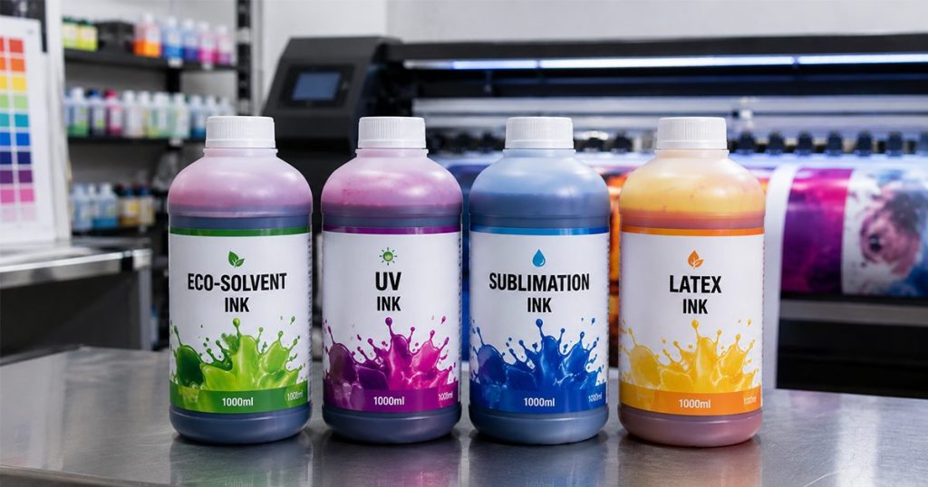 Empat jenis botol tinta large format printing: eco-solvent, UV, sublimasi, dan latex berjajar di meja workshop