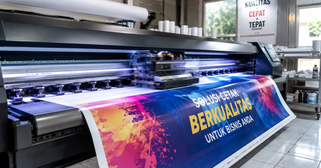 Mesin large format printing sedang mencetak banner vinyl berwarna di workshop percetakan profesional