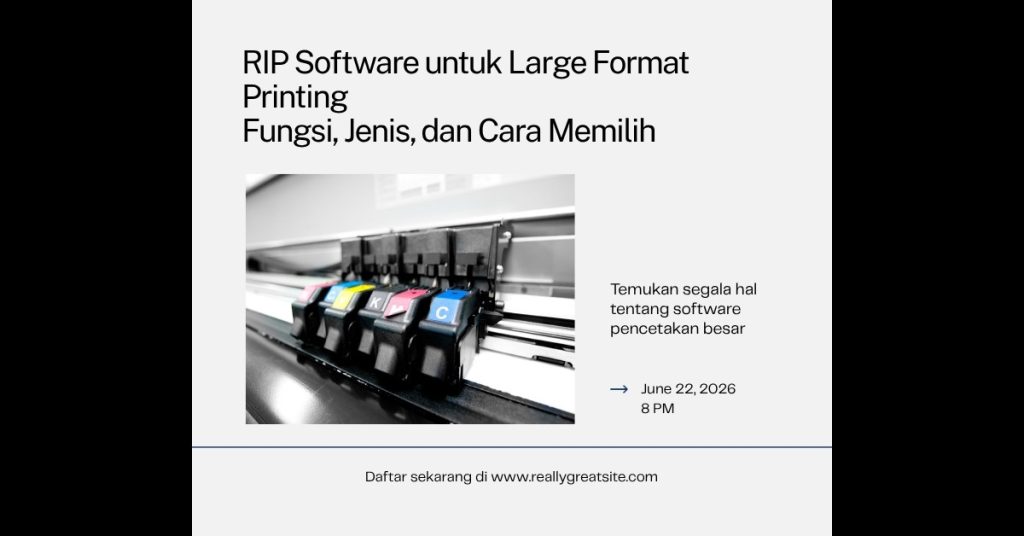 Software RIP untuk large format printing – tampilan antarmuka manajemen warna dan workflow cetak profesional