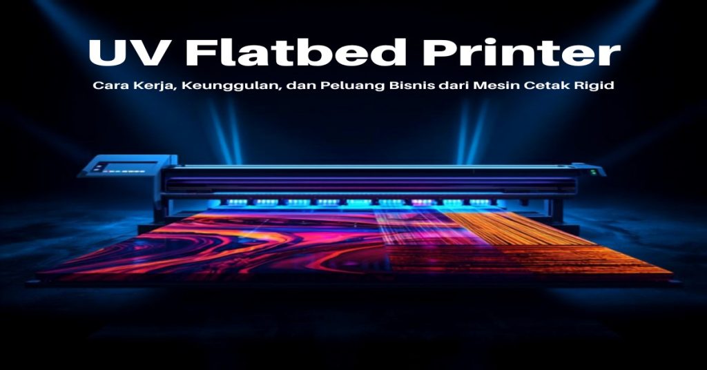 UV flatbed printer mencetak di berbagai material rigid – kayu, akrilik, kaca, dan metal untuk bisnis percetakan